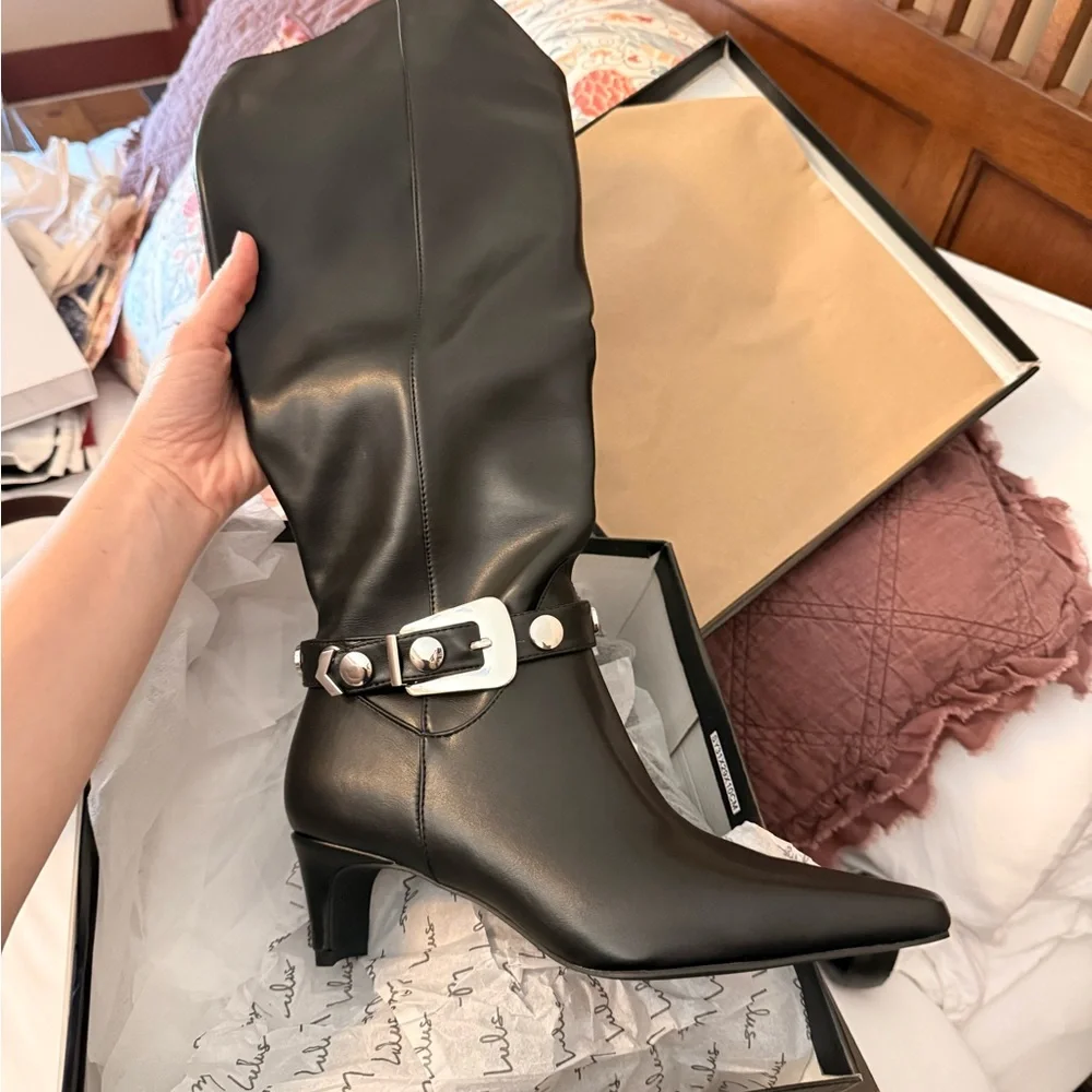 Lulu's Black Over the Knee Boots with Buckle Detail